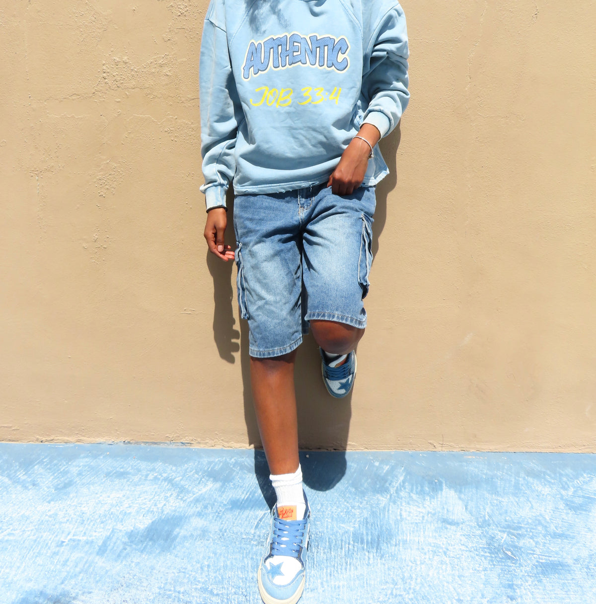 Vintage Custom Washed Frayed-Hem Hoodie - Blue