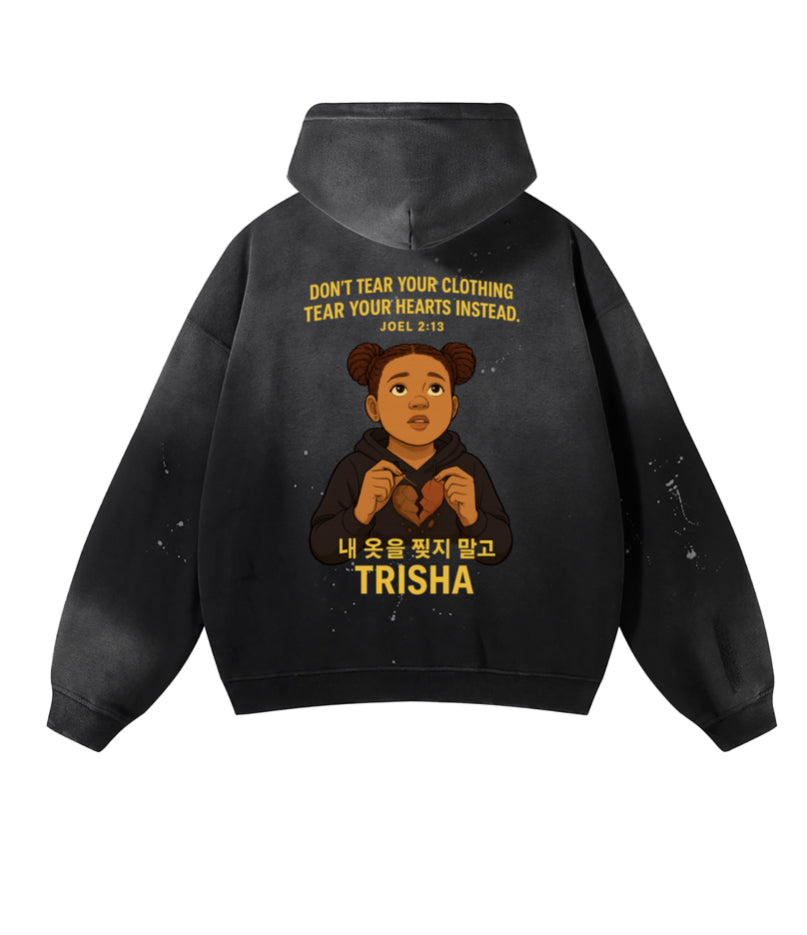 Vintage Washed Frayed Custom Fleece Hoodie + No Animation in Front